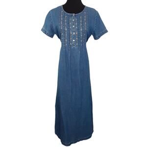 Vintage 90s Denim Maxi Dress Embroidered Paisley Western Rodeo Womens M Prairie